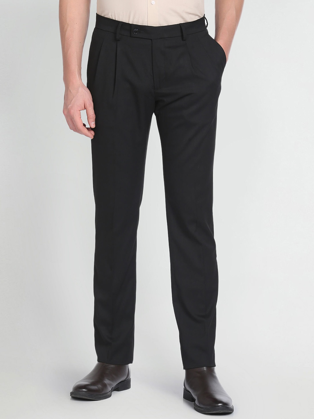 

Arrow Men Mid-Rise Slim Fit Pleated Formal Trousers, Black