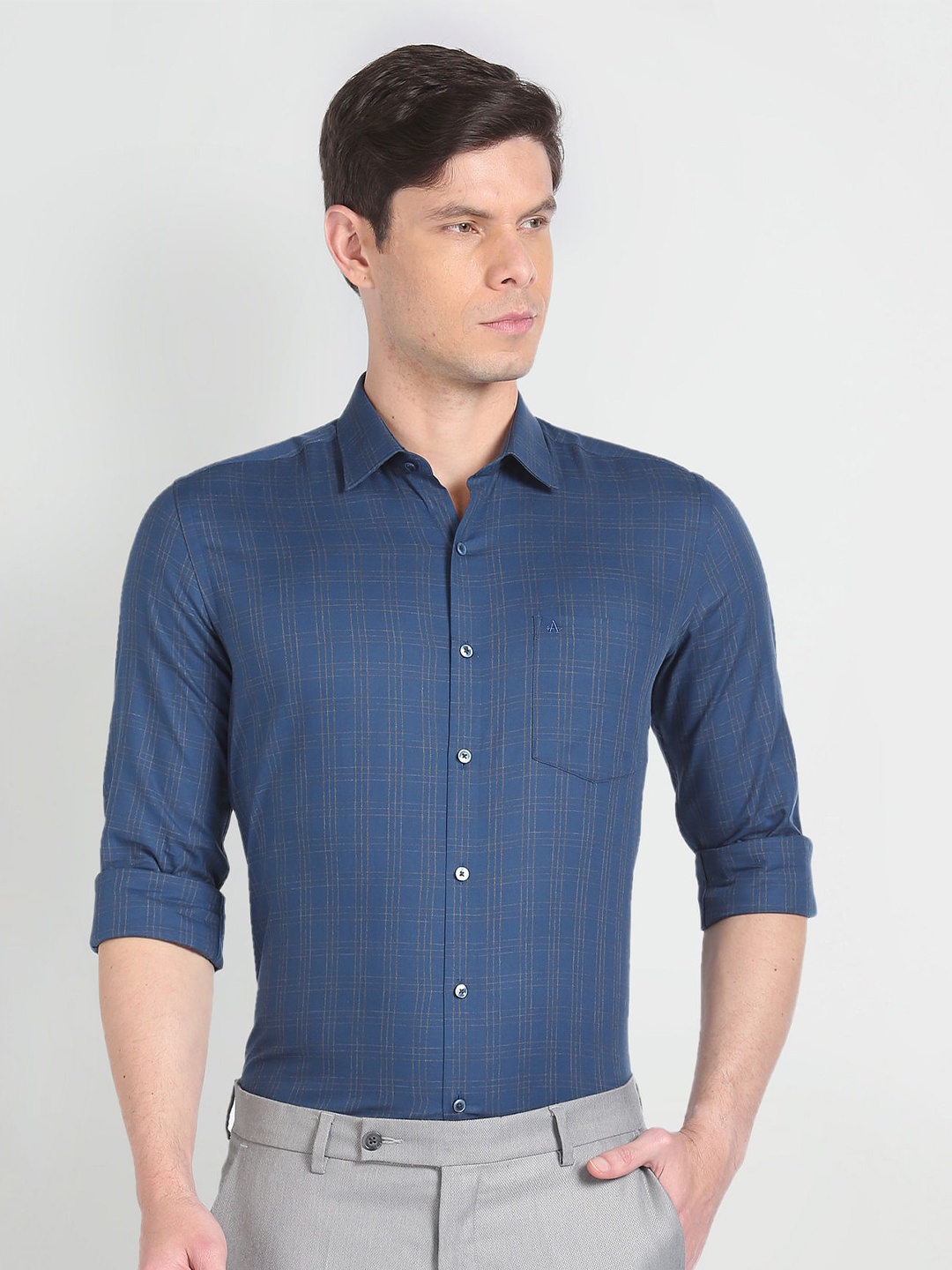 

Arrow Grid Tattersall Checked Slim Fit Opaque Cotton Formal Shirt, Blue