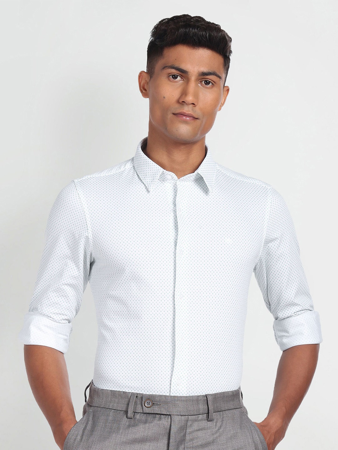 

Arrow Slim Fit Micro Ditsy Printed Spread Collar Long Sleeve Formal Shirt, White