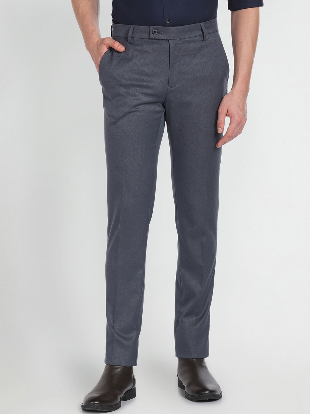 

Arrow Men Mid Rise Slim Fit Plain Cotton Formal Trousers, Grey
