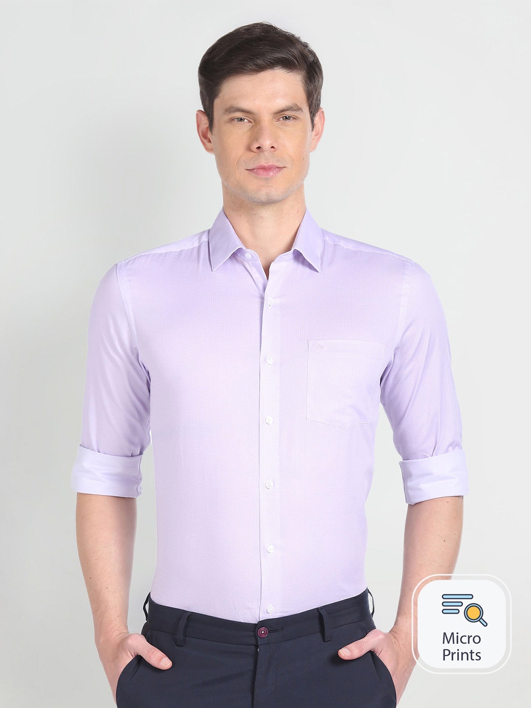 

Arrow Slim Fit Opaque Micro Ditsy Printed Spread Collar Cotton Formal Shirt, Purple