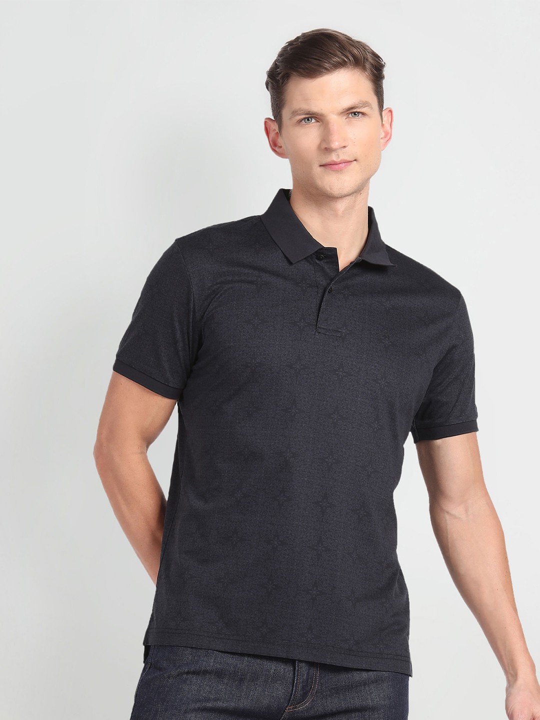 

Arrow Geometric Printed Polo Collar Pure Cotton T-shirt, Black