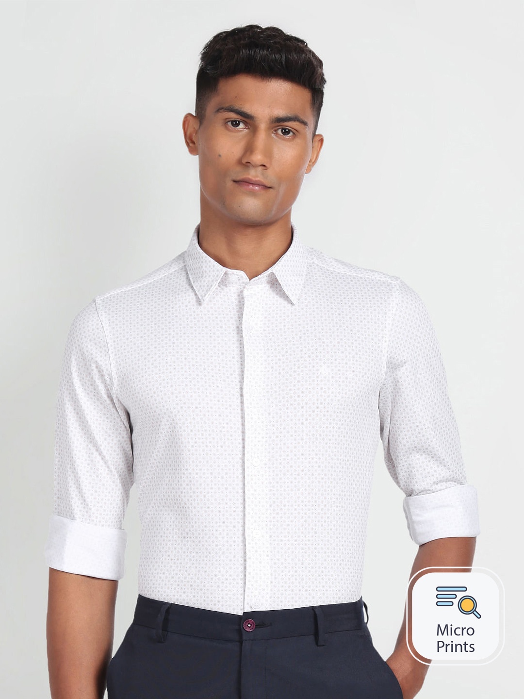 

Arrow Slim Fit Micro Ditsy Printed Spread Collar Cotton Formal Shirt, Beige