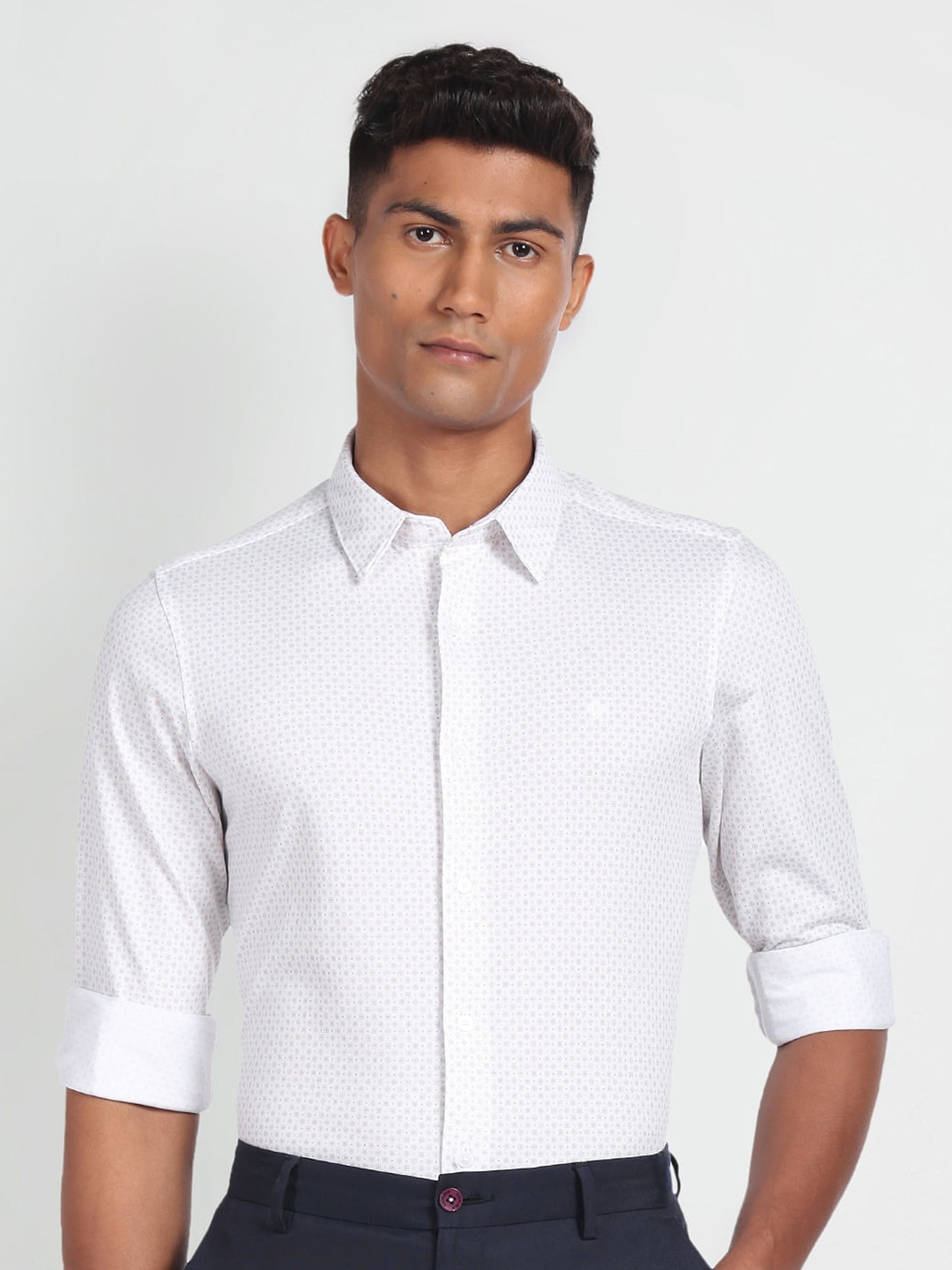 

Arrow Slim Fit Opaque Micro Ditsy Printed Spread Collar Formal Shirt, White