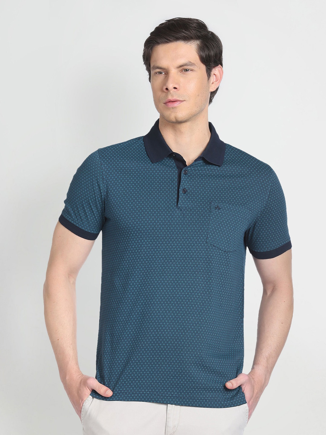 

Arrow Geometric Printed Polo Collar Pockets Regular T-shirt, Blue
