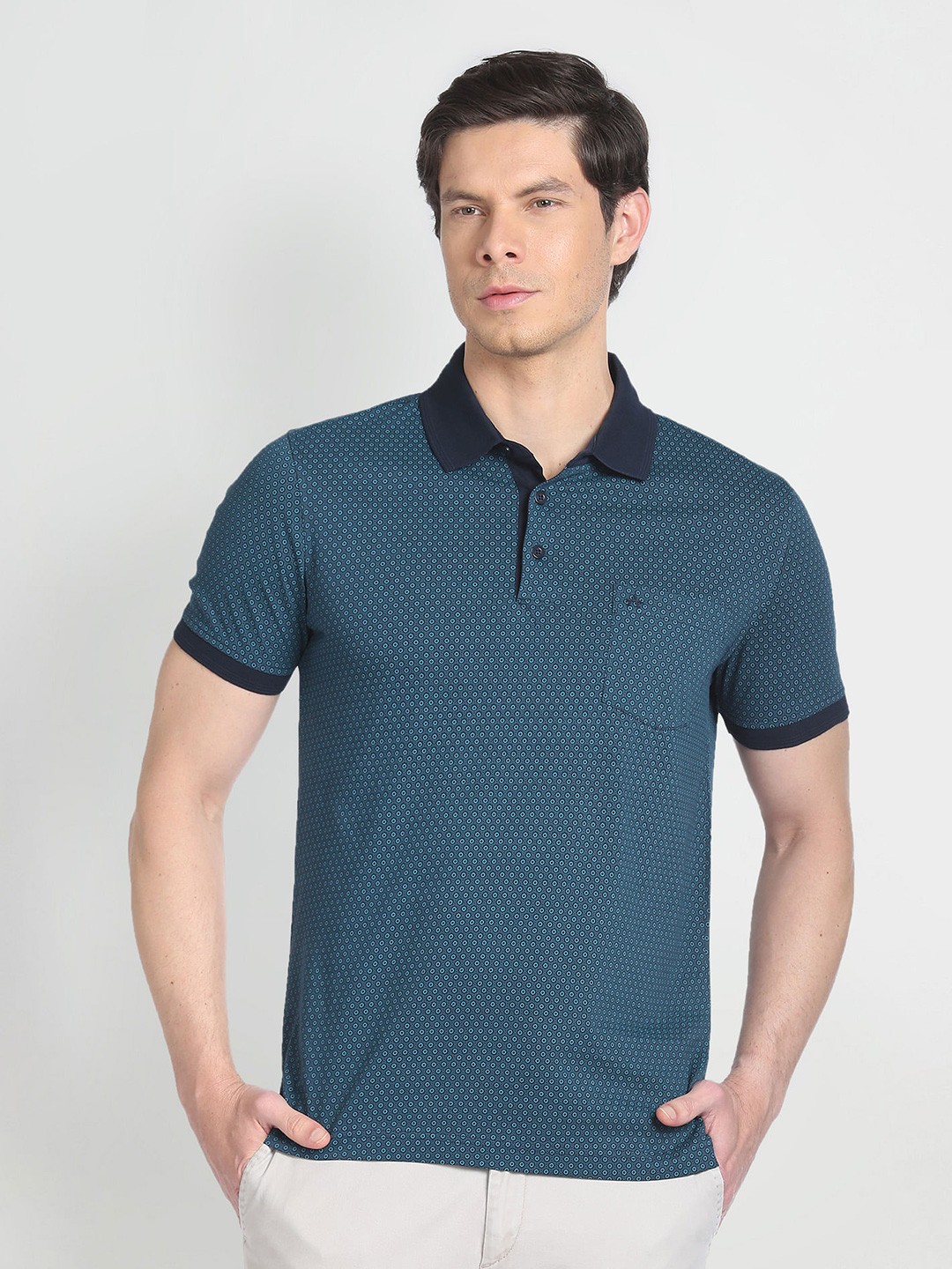 

Arrow Geometric Printed Polo Collar Pockets Regular T-shirt, Blue