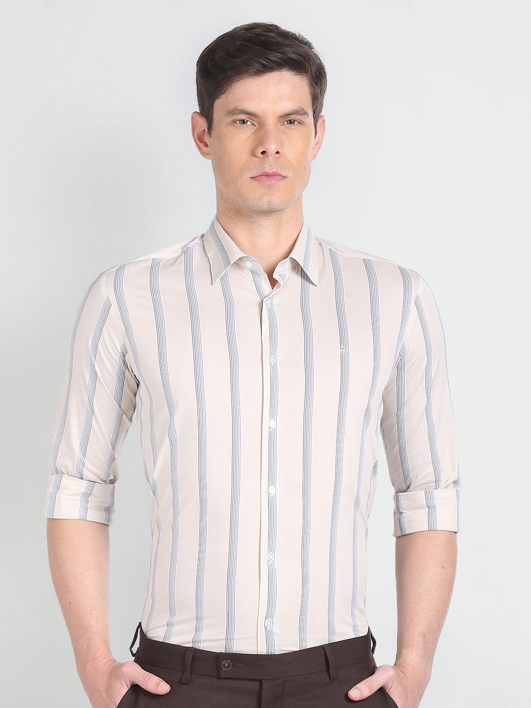 

Arrow Slim Fit Striped Spread Collar Long Sleeves Formal Shirt, Beige