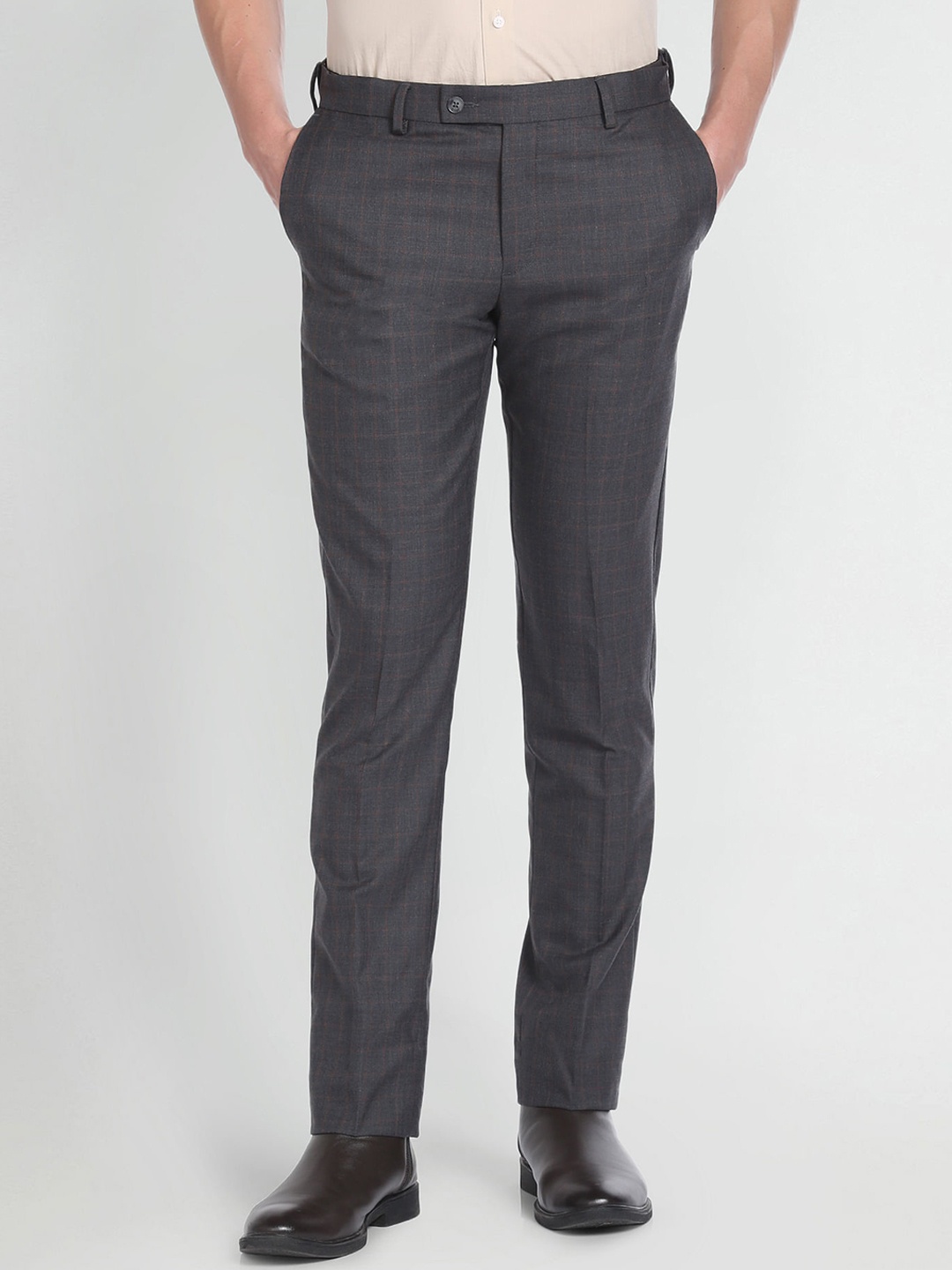 

Arrow Slim Fit Mid-Rise Checked Patterned Twill Autoflex Formal Trousers, Grey