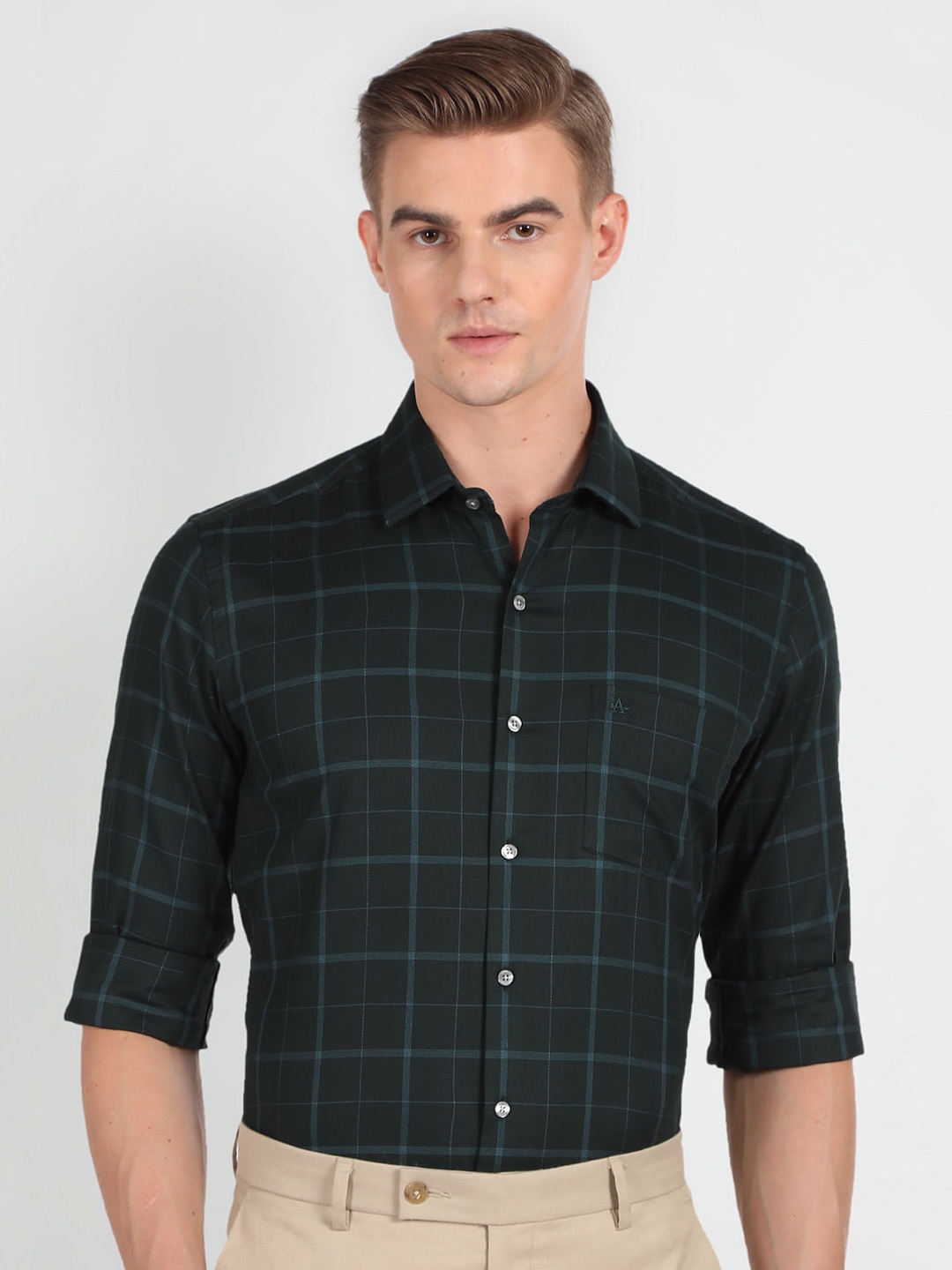 

Arrow Slim Fit Windowpane Checked Formal Shirt, Green