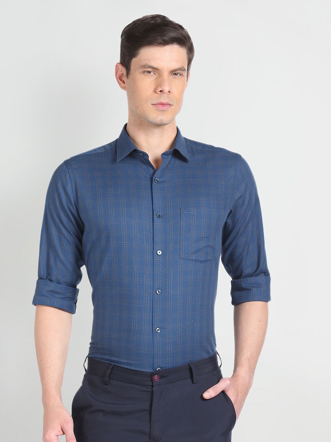 

Arrow Grid Tattersall Checked Spread Collar Pocket Cotton Formal Shirt, Blue