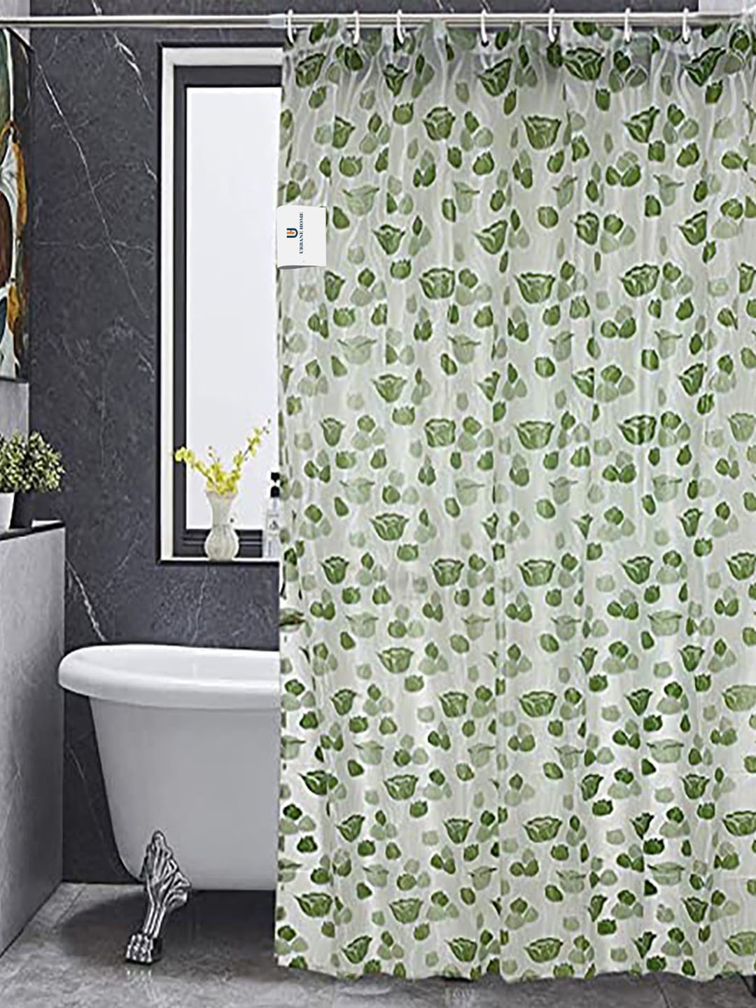 

Kuber Industries Green & White Printed Shower Curtain