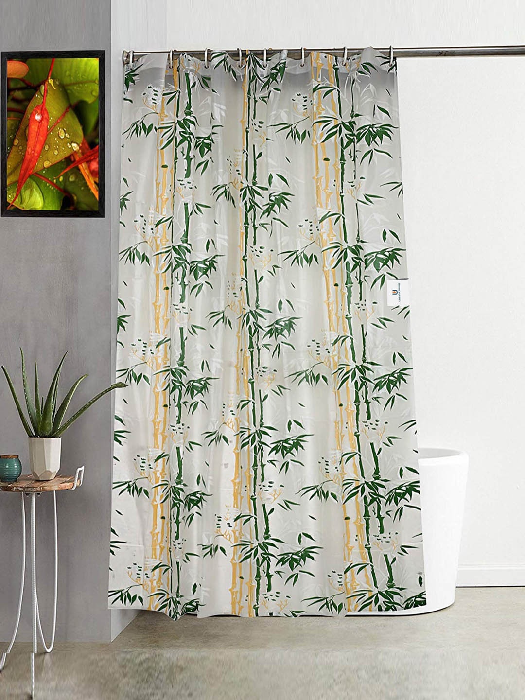 

Kuber Industries White & Green 2 Pieces Printed Shower Curtain