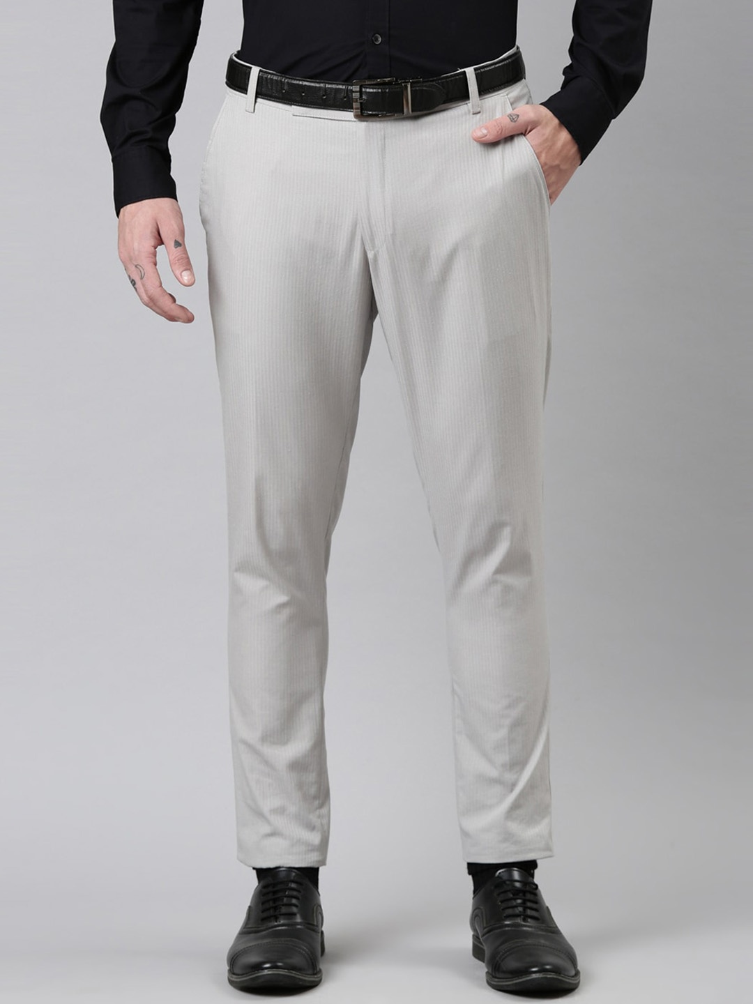 

Kryptic Men Smart Mid Rise Tapered Fit Cropped Formal Trousers, Grey