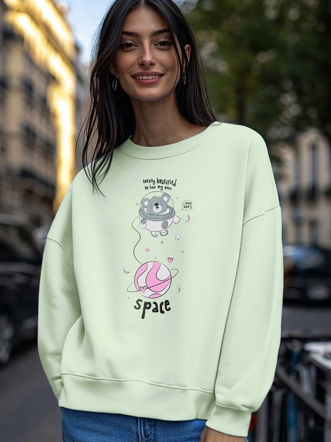 

Bewakoof Graphic Printed Oversized Fleece Pullover Sweatshirt, Green
