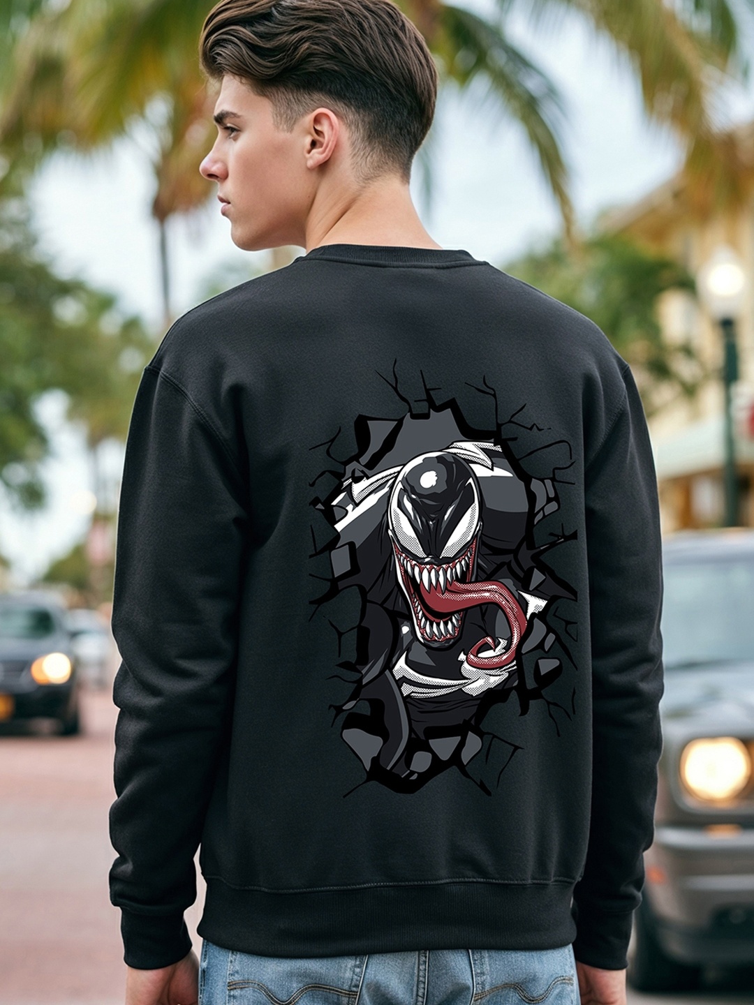 

Bewakoof X Official Marvel Merchandise Venom Street Graphic Printed Oversized Sweatshirt, Black