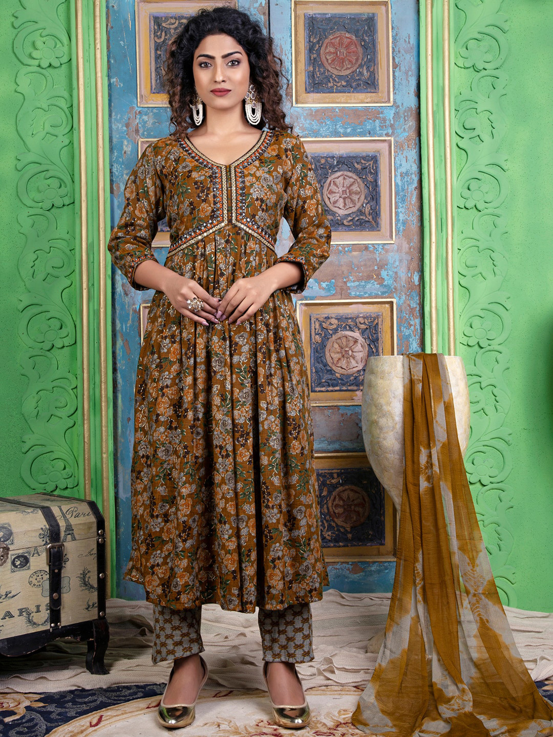 

KALINI Floral Printed Pleated Kurta with Trousers & With Dupatta, Mustard