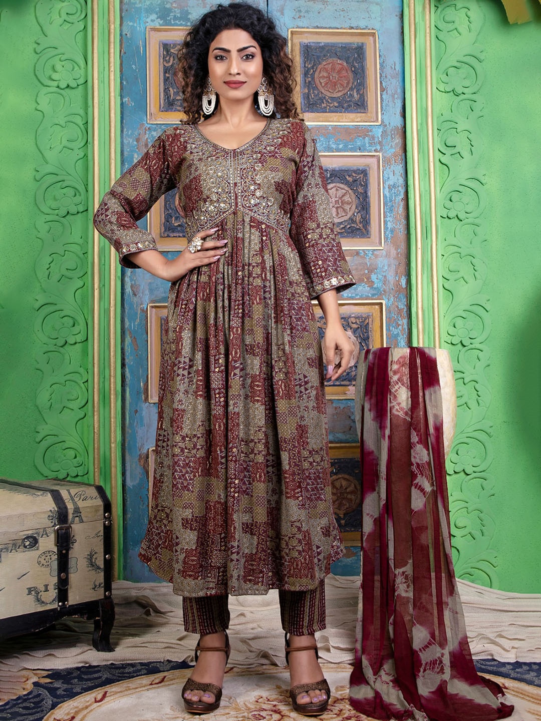 

KALINI Ethnic Motifs Printed Empire Kurta With Trousers & Dupatta, Maroon