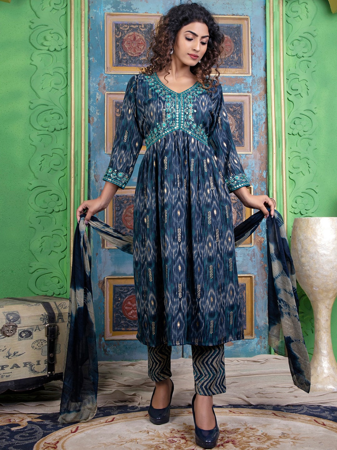 

KALINI Women Blue Printed Empire Kurta with Trousers & With Dupatta