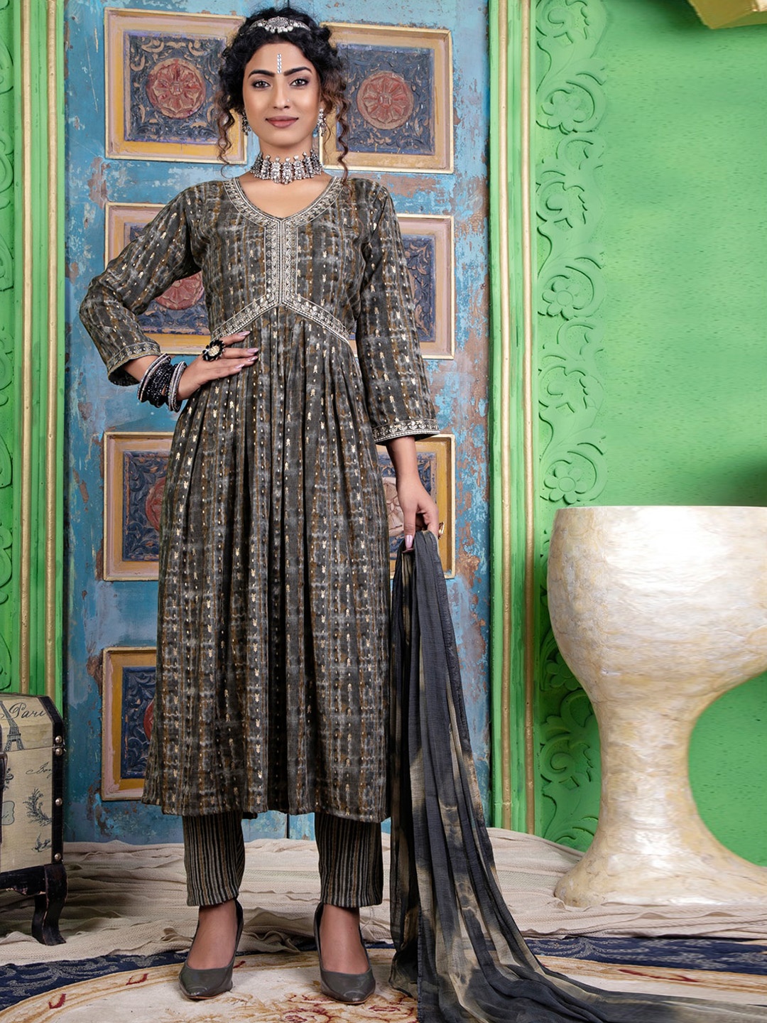 

KALINI Ethnic Motifs Printed Sequinned Empire Kurta With Trousers & Dupatta, Grey