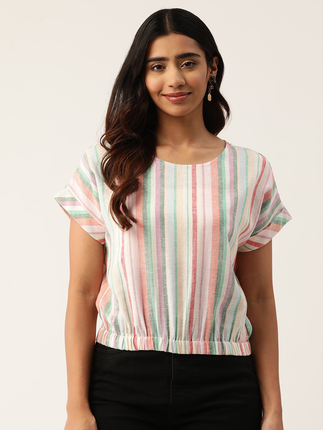 

Rue Collection Striped Extended Sleeves Pure Cotton Top, Multi