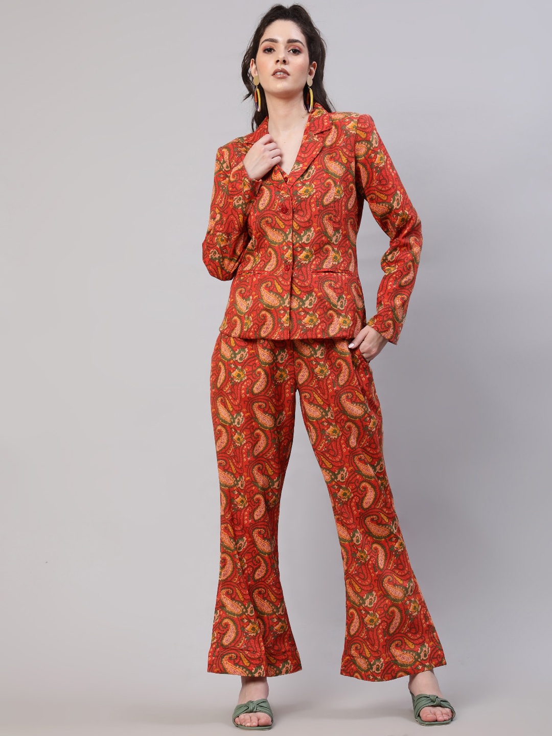 

AKS Printed Pure Cotton Blazer Waistcoat & Trousers, Red