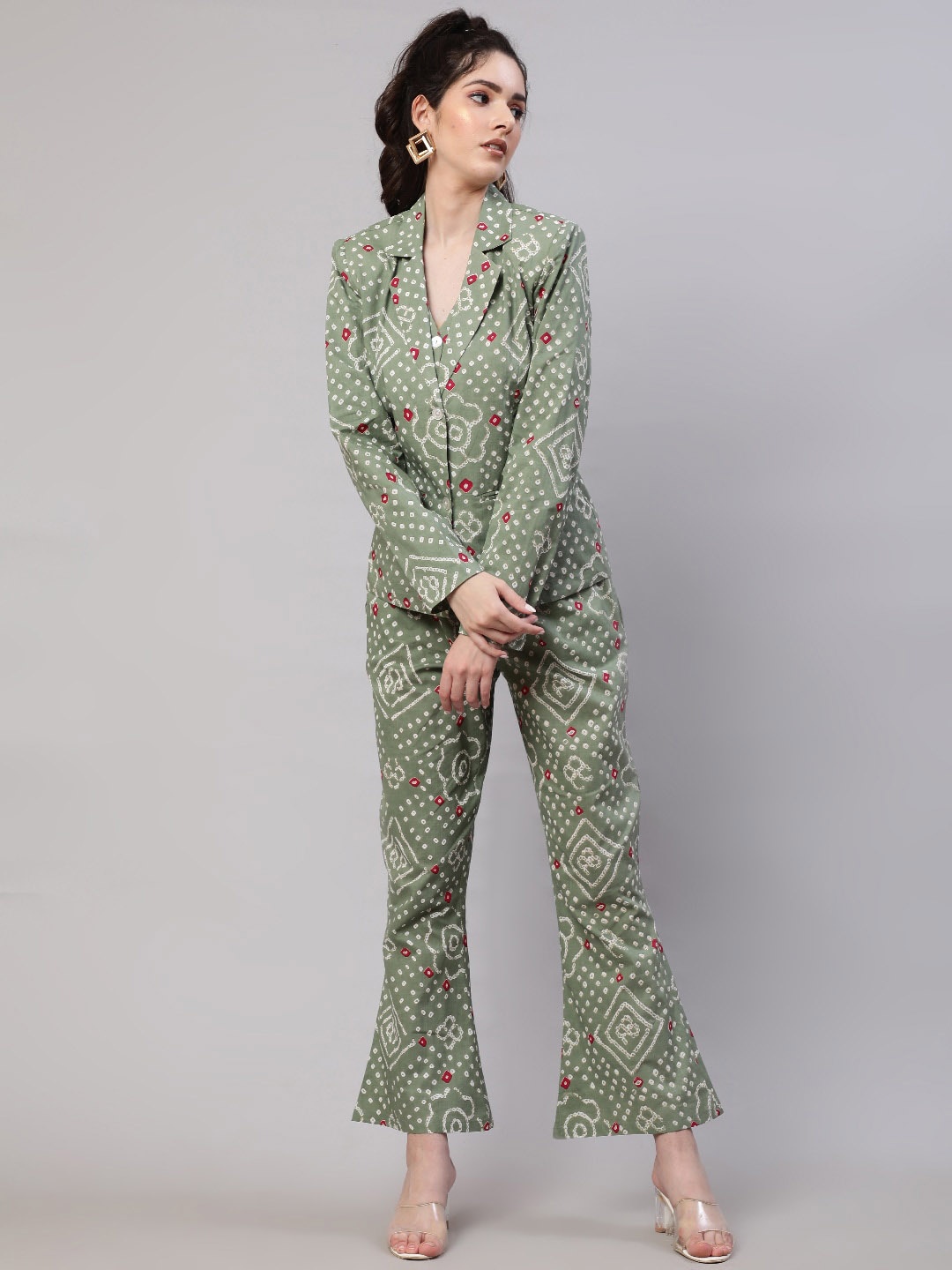 

AKS 3 Pieces Bandhani Printed Pure Cotton Waistcoat With Blazer & Trouser, Green
