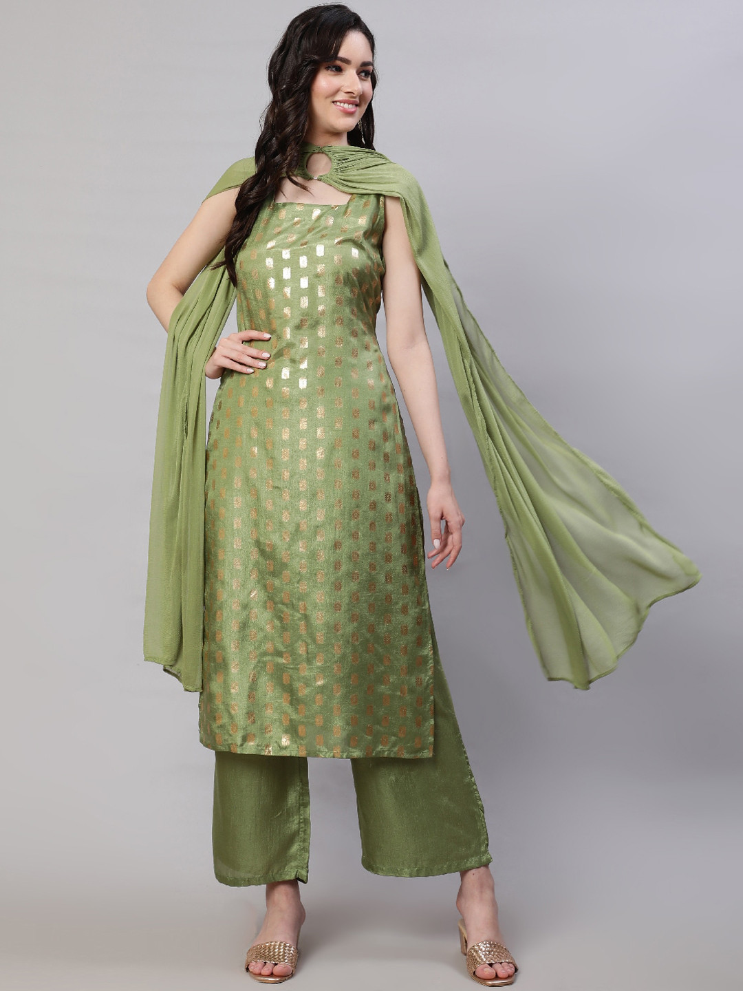 

AKS Ethnic Motifs Woven Design Square Neck Kurta With Palazzos & Dupatta, Green