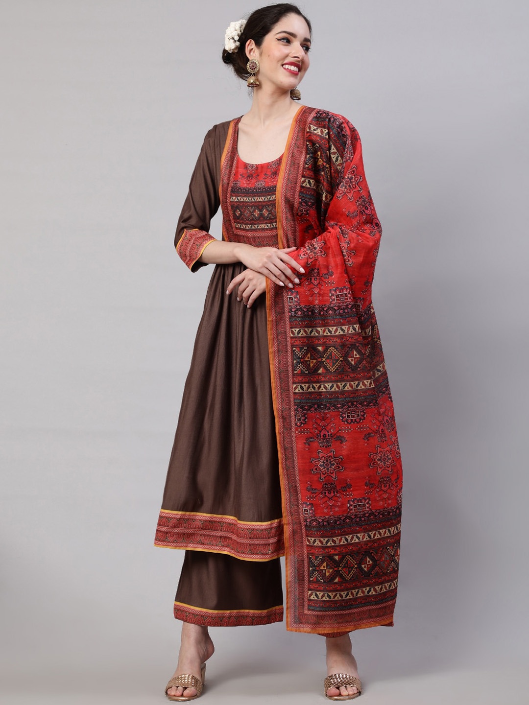 

AKS Ethnic Motifs Printed A-line Kurta With Palazzos & Dupatta, Brown