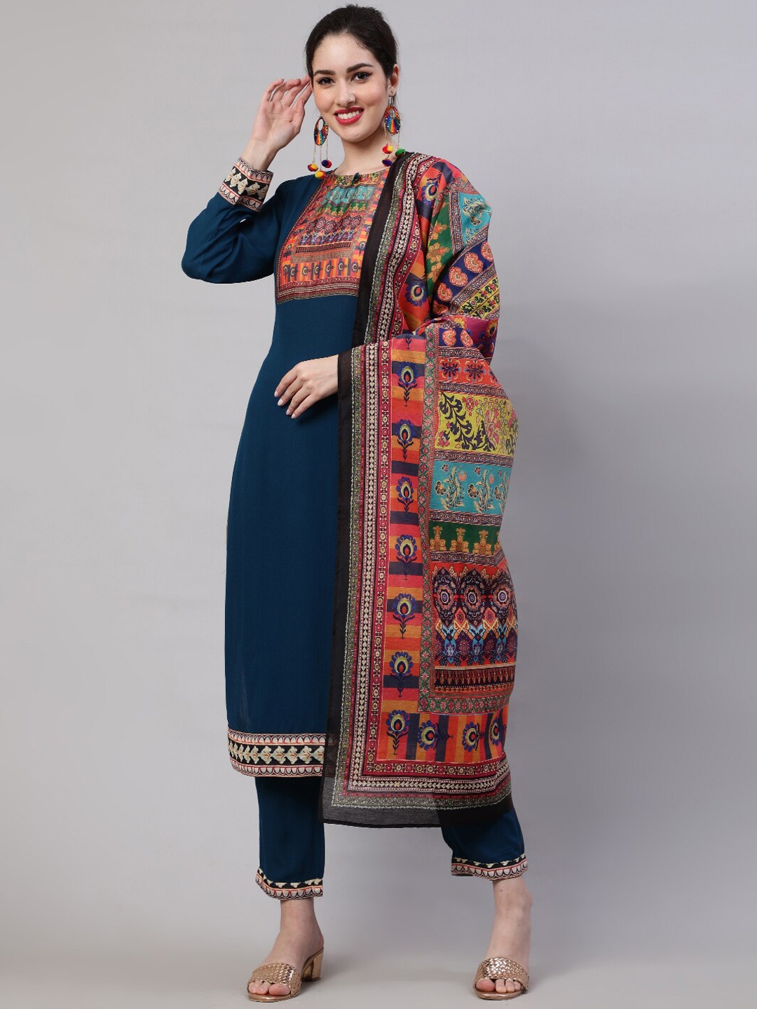 

AKS Ethnic Motifs Yoke Design Kurta with Trousers & Dupatta, Navy blue