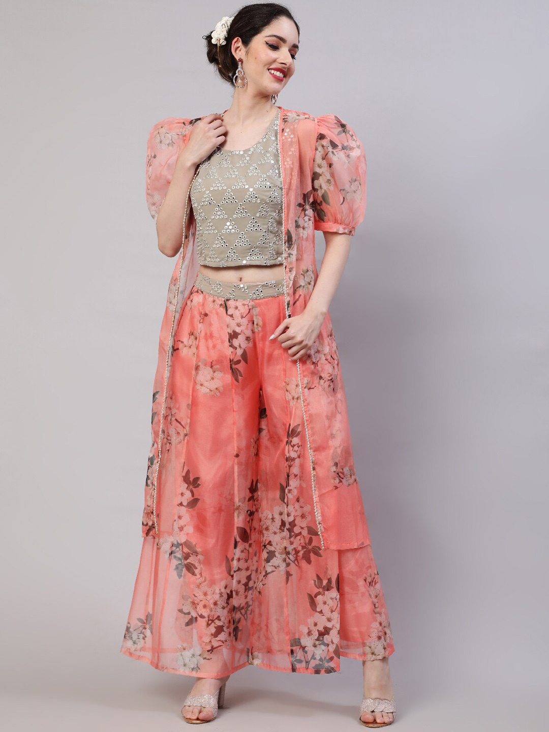 

AKS Embellished Round-Neck Top & Printed Front Open Jacket With Printed Trouser Co-Ords, Peach