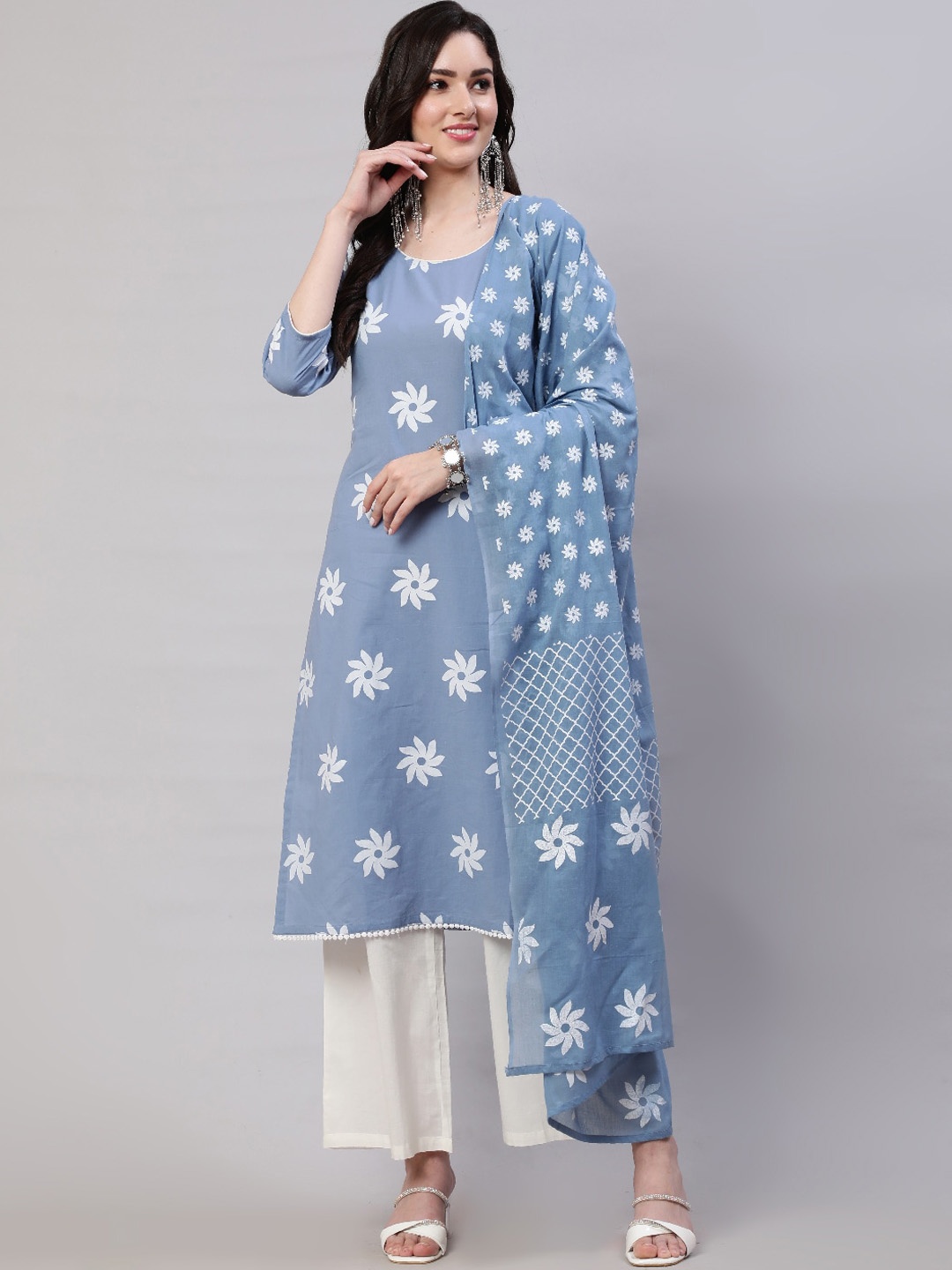 

AKS Floral Printed Pure Cotton Straight Kurta With Palazzos & Dupatta, Blue