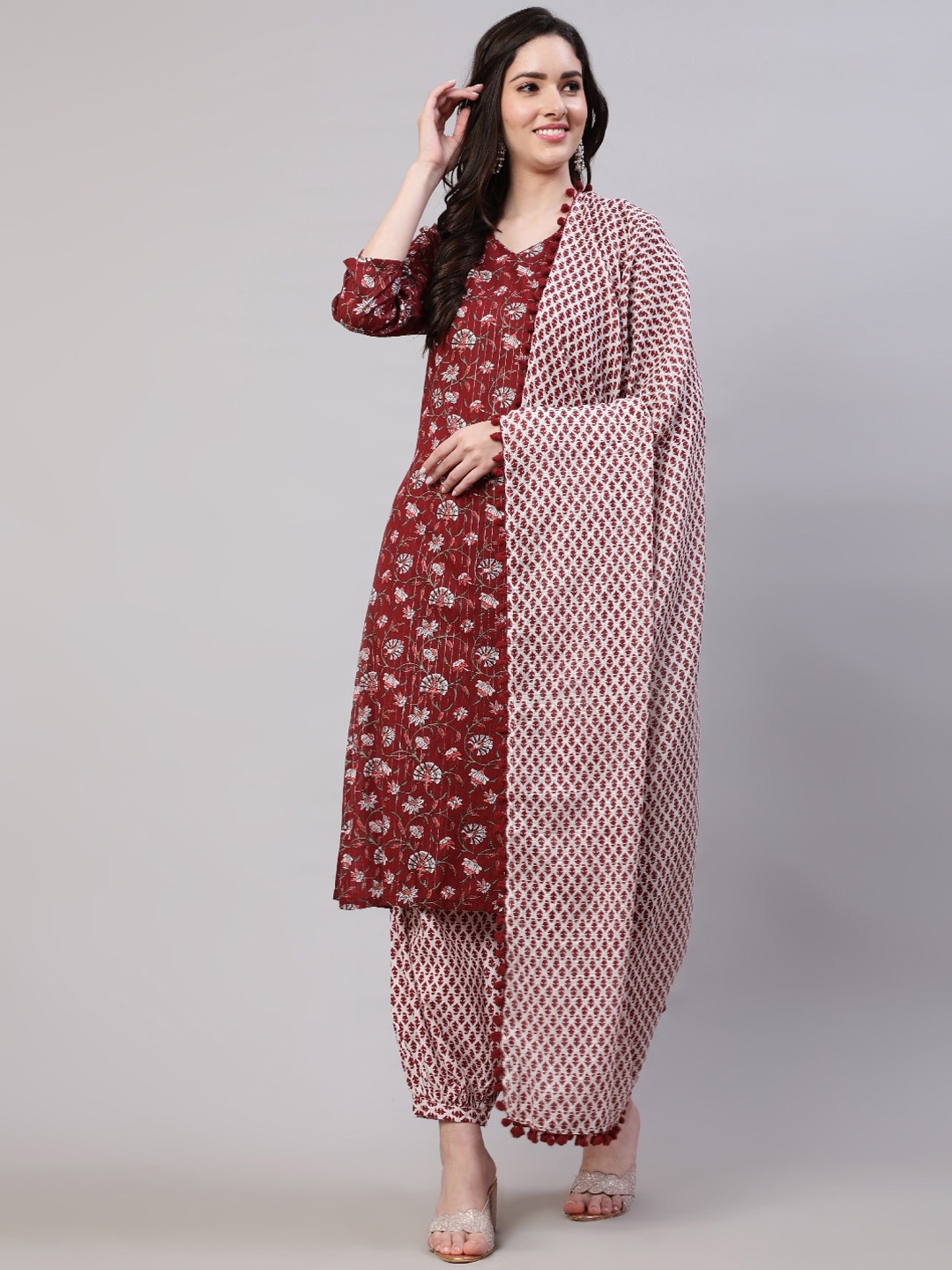 

AKS Floral Printed Regular Pure Cotton Kurta with Salwar & With Dupatta, Maroon