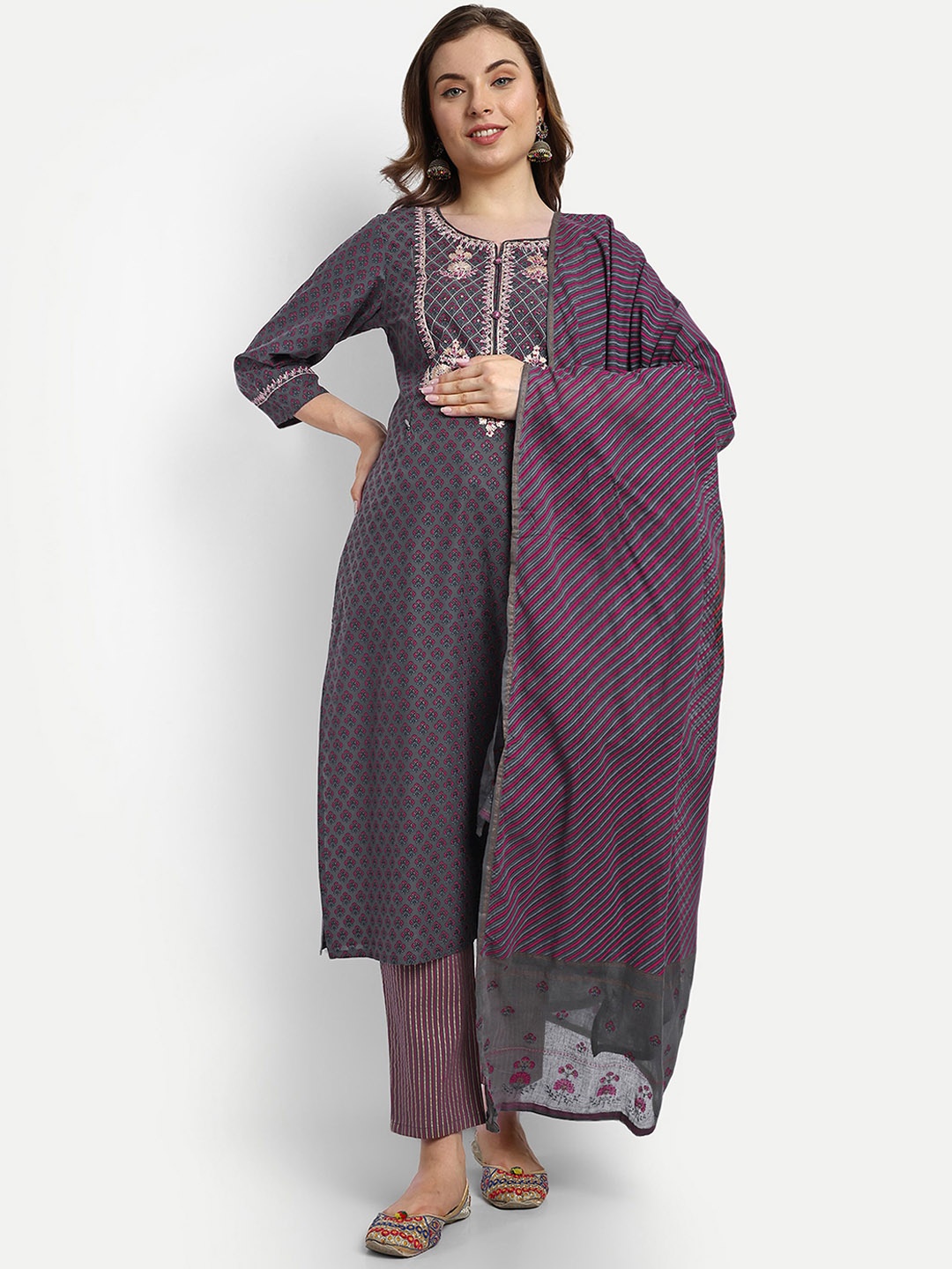 

mumzhug Ethnic Motifs Printed Regular Pure Cotton Kurta With Trousers & Dupatta, Grey