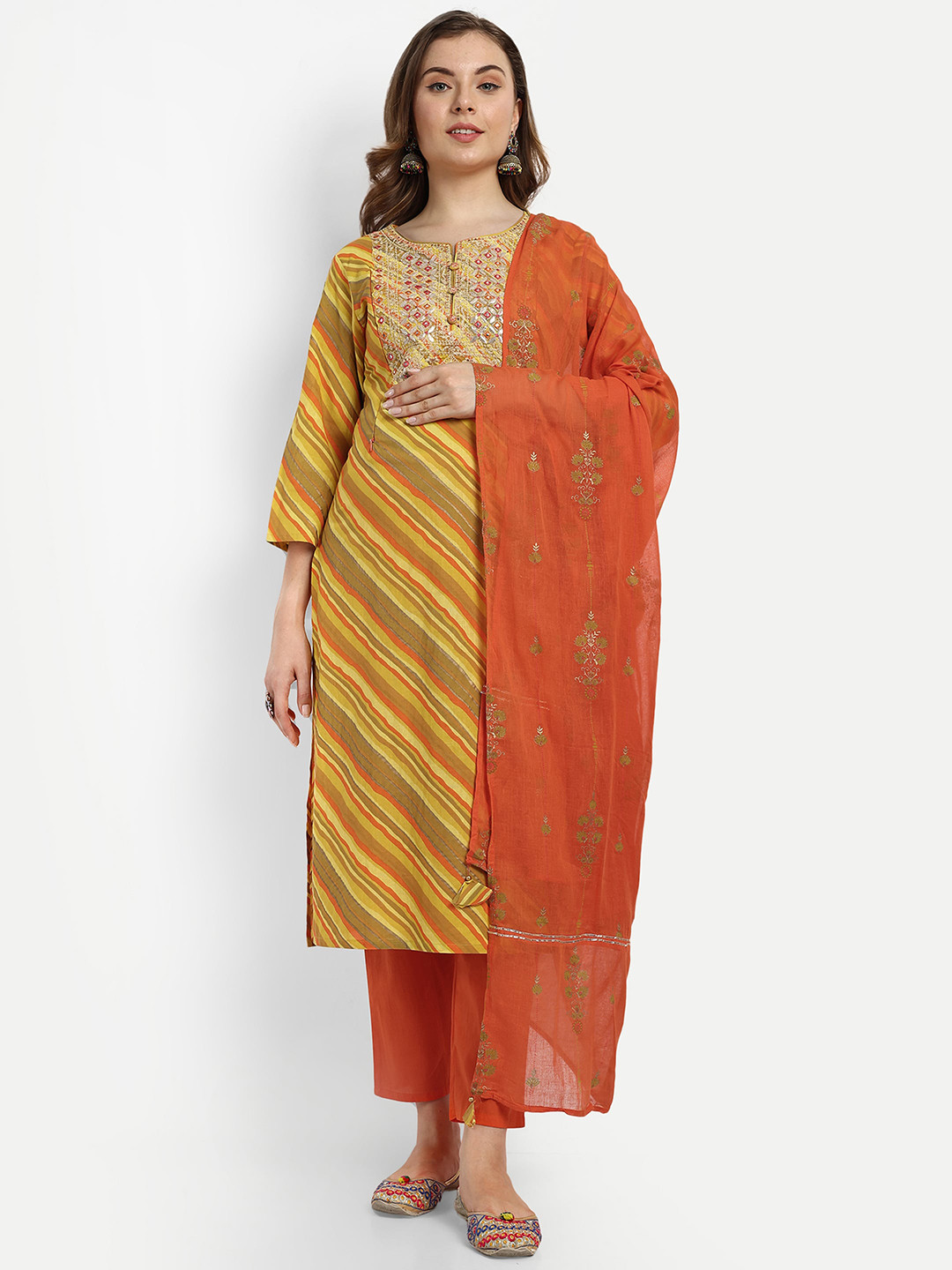 

mumzhug Striped Regular Pure Cotton Kurta With Trousers & Dupatta, Yellow