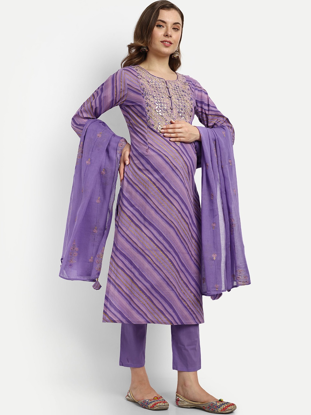 

mumzhug Maternity Leheriya Printed Zari Pure Cotton Kurta with Trousers & Dupatta, Lavender