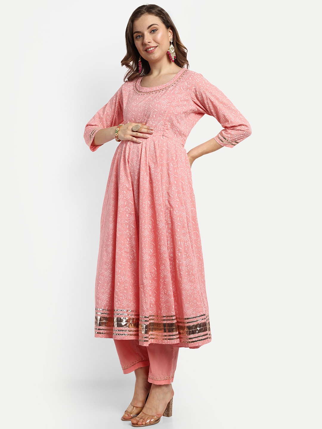 

mumzhug Floral Printed Cotton Maternity & Feeding Anarkali Kurta With Trousers& Dupatta, Peach