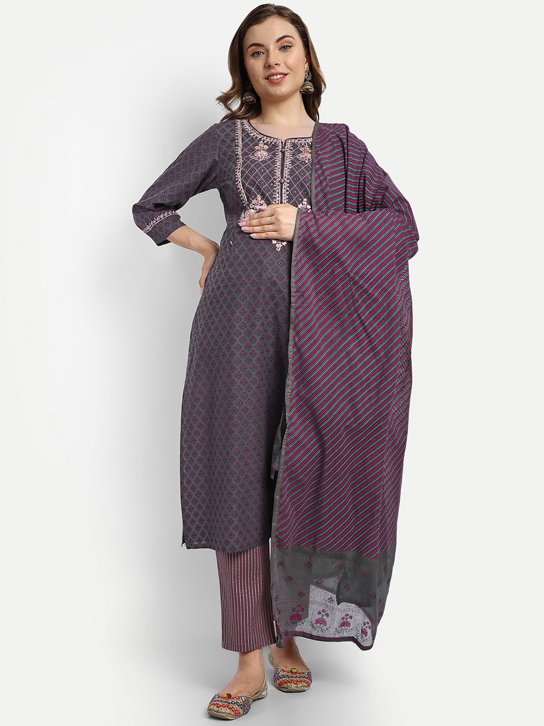 

mumzhug Ethnic Motifs Printed Cotton Maternity & Feeding Kurta With Palazzos & Dupatta, Grey