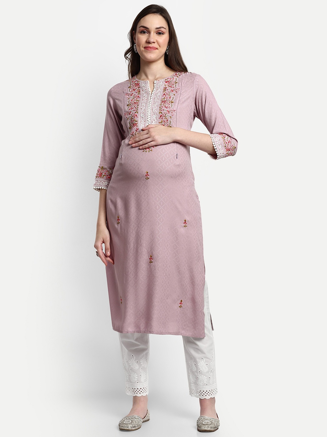 

mumzhug Ethnic Motifs Embroidered Thread Work Maternity Kurta With Trousers, Purple