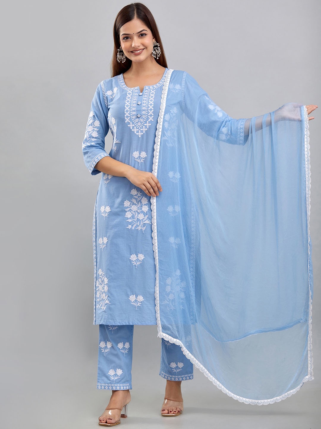 

Rudra Bazaar Floral Embroidered Pure Cotton Kurta With Trousers & Dupatta, Blue