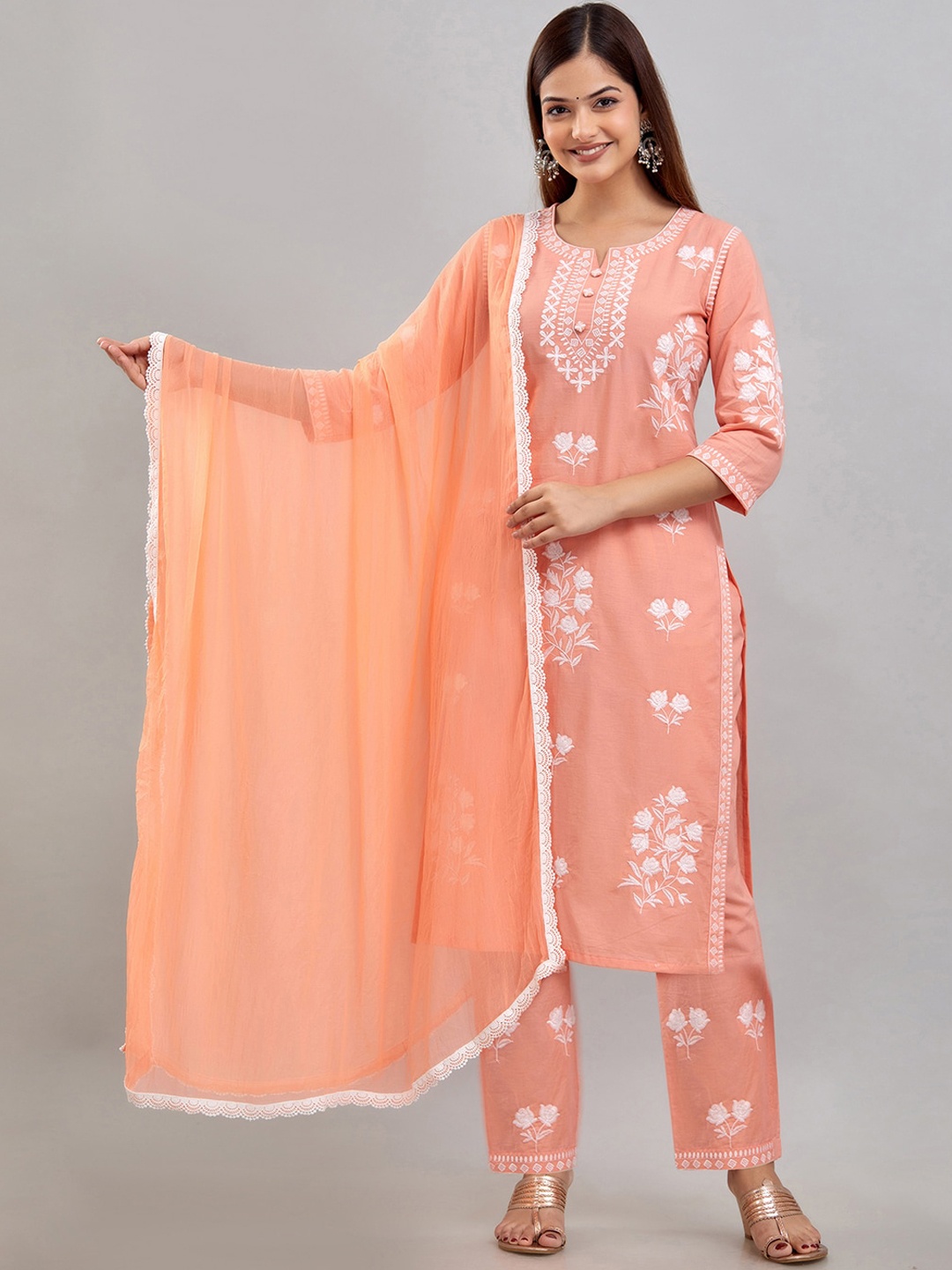 

Rudra Bazaar Floral Embroidered Pure Cotton Kurta With Trousers & Dupatta, Peach