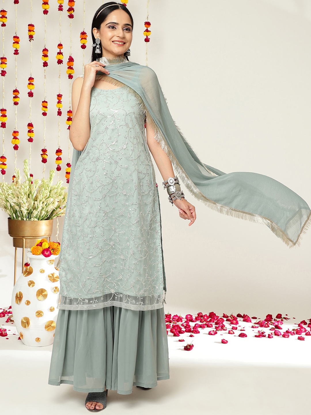 

Varanga Floral Embroidered Sequined Kurta with Sharara & Dupatta, Grey