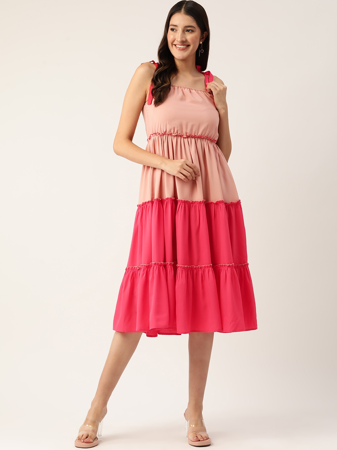 

Rue Collection Colourblocked Tiered Crepe A-Line Dress, Peach