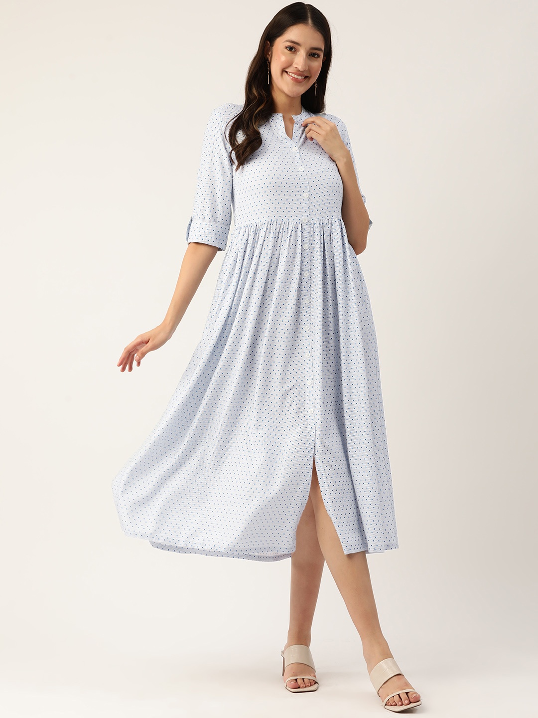 

Rue Collection Print Mandarin Collar A-Line Midi Dress, White