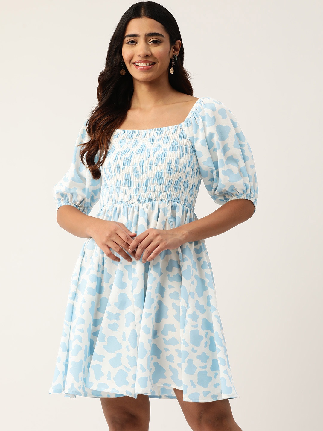 

Rue Collection Print Puff Sleeves Crepe Fit & Flare Dress, White