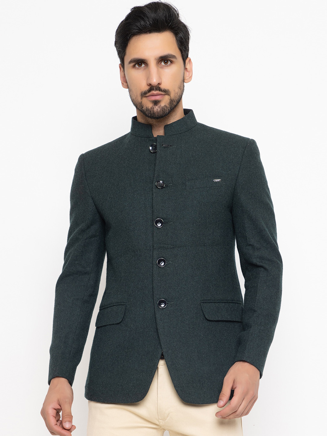

Spirit Mandarin Collar Woollen Bandhgala Blazer, Green