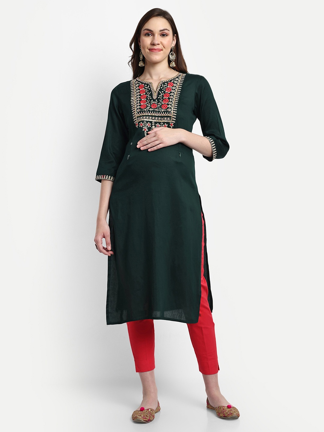 

mumzhug Ethnic Motifs Embroidered Yoke Design Cotton Straight Maternity Kurta, Green