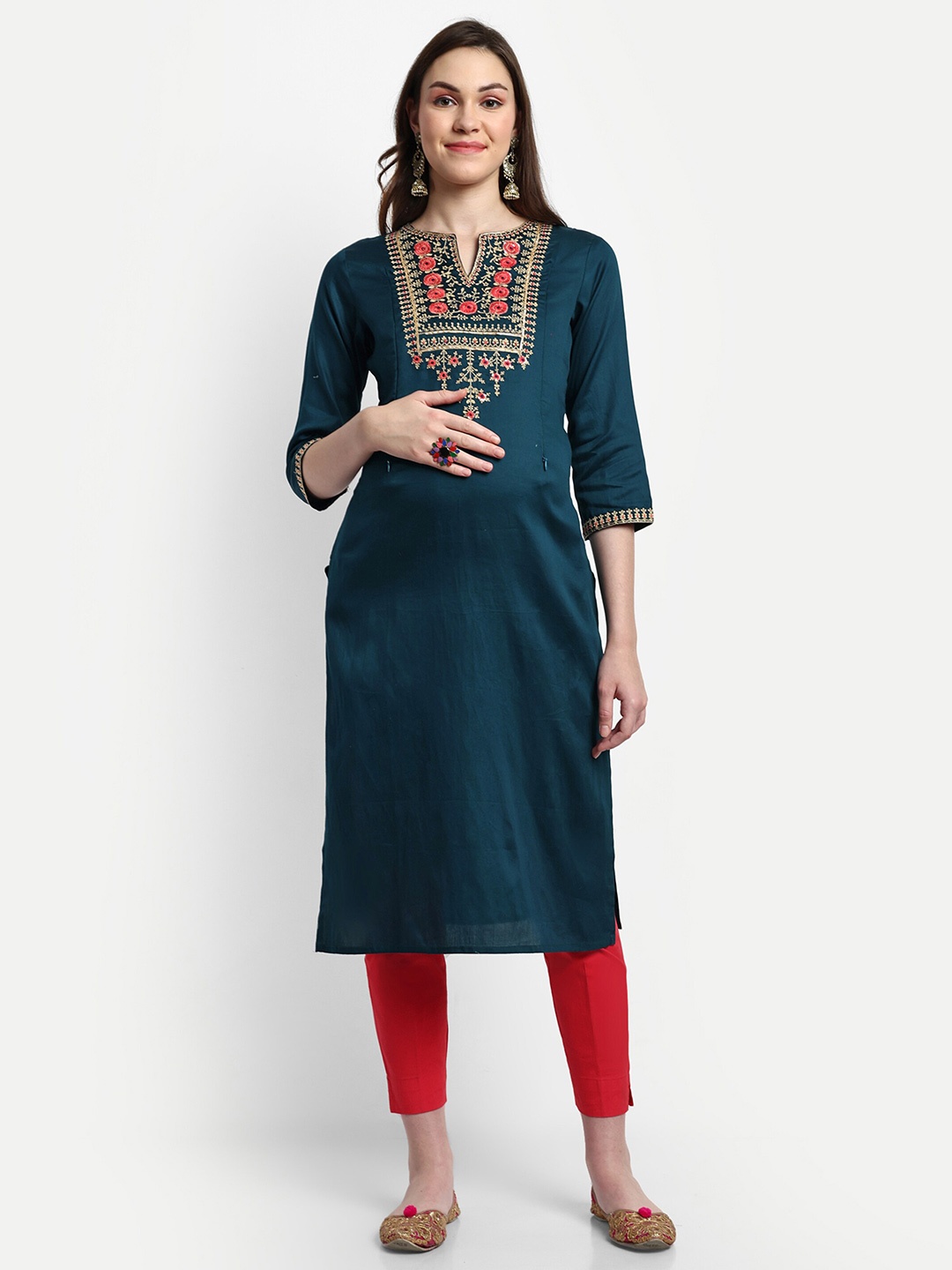 

mumzhug Ethnic Motifs Embroidered Yoke Design Pure Silk Straight Maternity Kurta, Teal