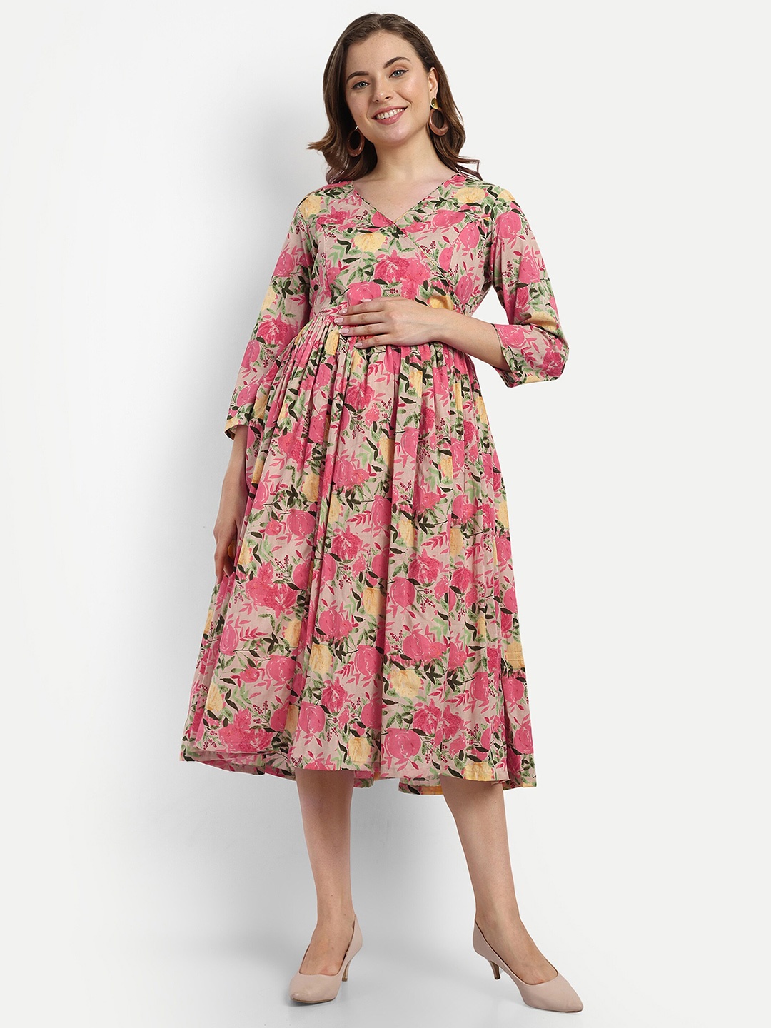 

mumzhug Floral Printed Maternity Pure Cotton Fit & Flare Midi Dress, Coral