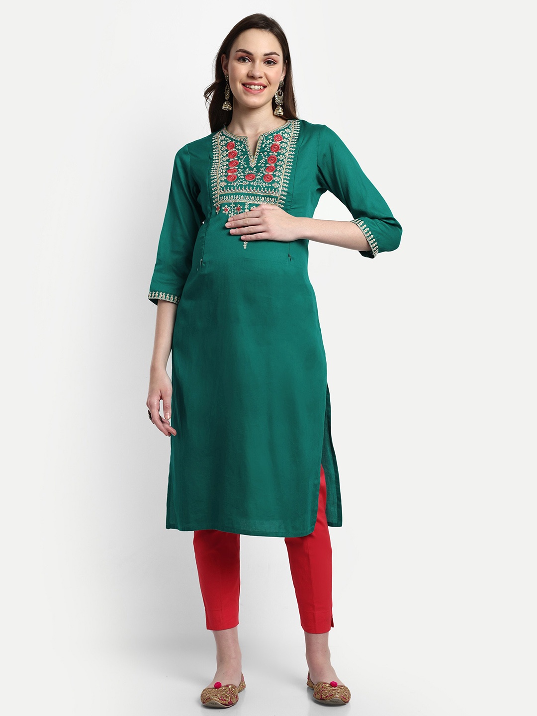 

mumzhug Ethnic Motifs Embroidered Yoke Design Pure Silk Straight Maternity Kurta, Green