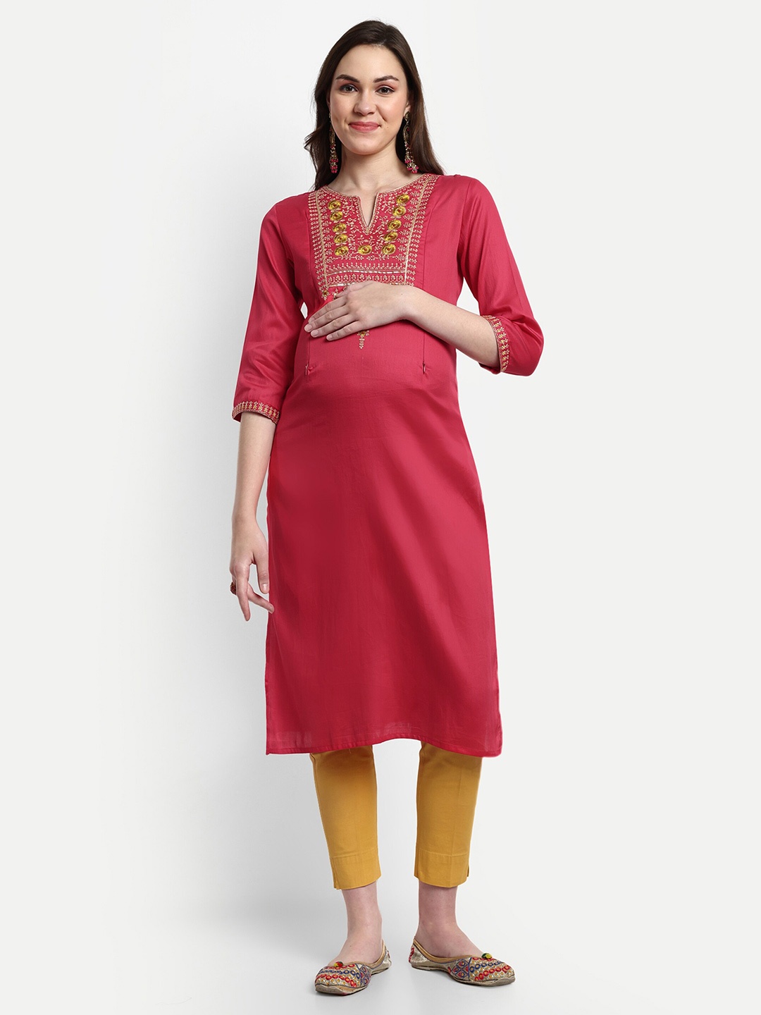 

mumzhug Ethnic Motifs Embroidered Yoke Design Pure Silk Straight Maternity Kurta, Coral